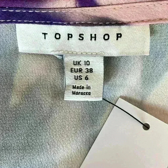 Topshop Tie Dye Ruffle Lightweight TieFront Peasant Sleeve Blouse Purple Sz6 NWT - Picture 6 of 8